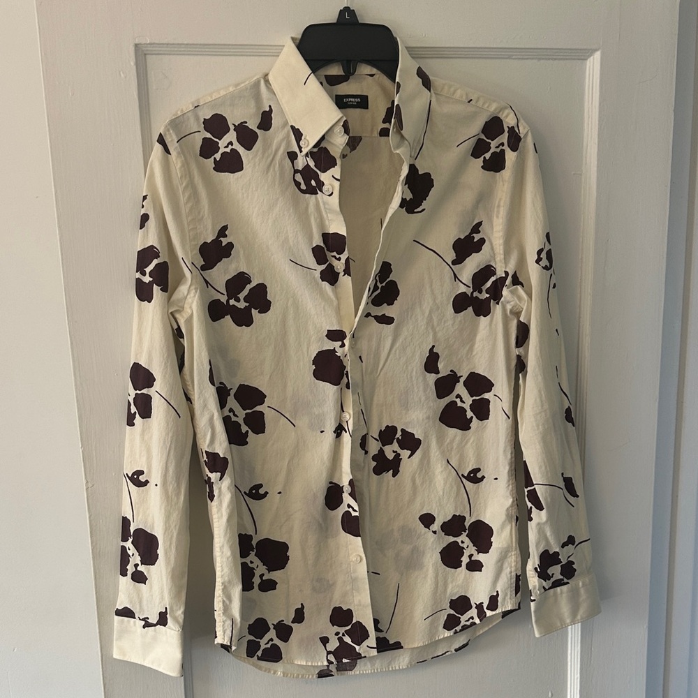 Express Floral Slim Button-Up Shirt - Ivory & Dark Brown